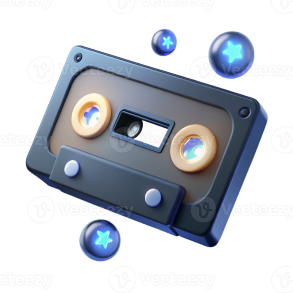 Render of a Retro Cassette Tape with Glowing Stars png