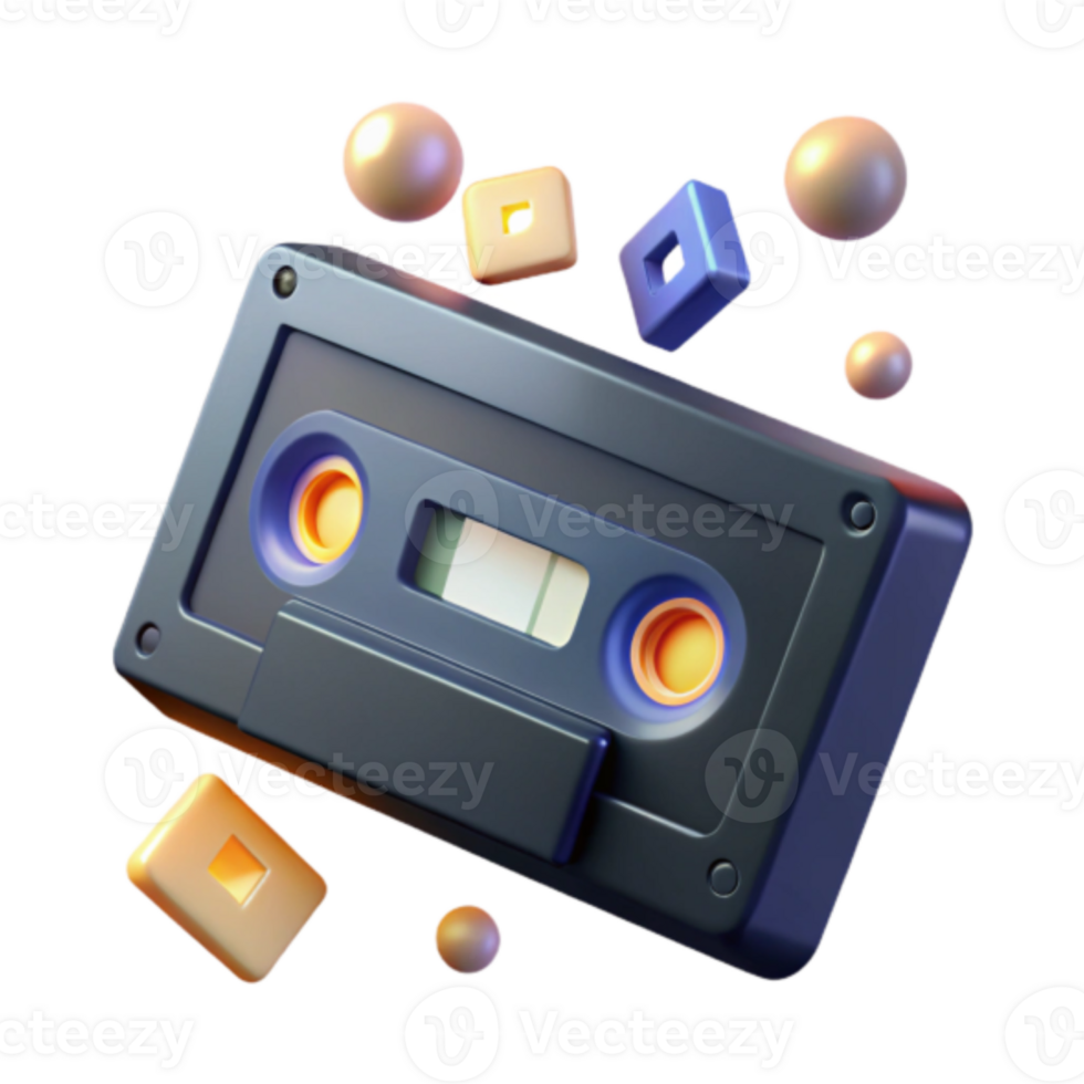 Render of Retro Cassette Tape with Floating Shapes png