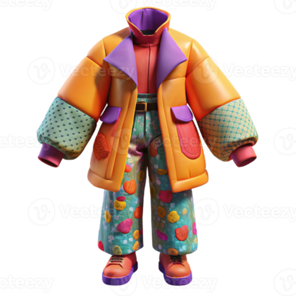 Render of Colorful Fashion Outfit Puffy Jacket and Floral Pants png