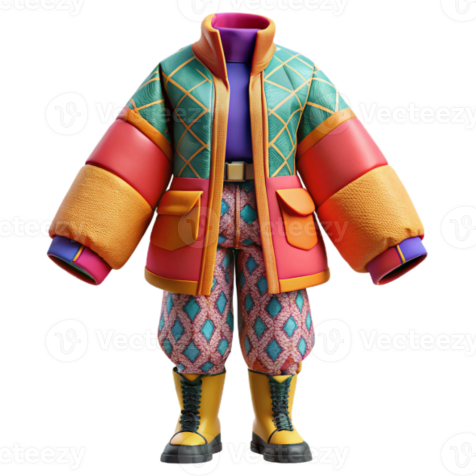 Colorful Render of Trendy Winter Outfit Puffy Jacket and Patterned Pants png