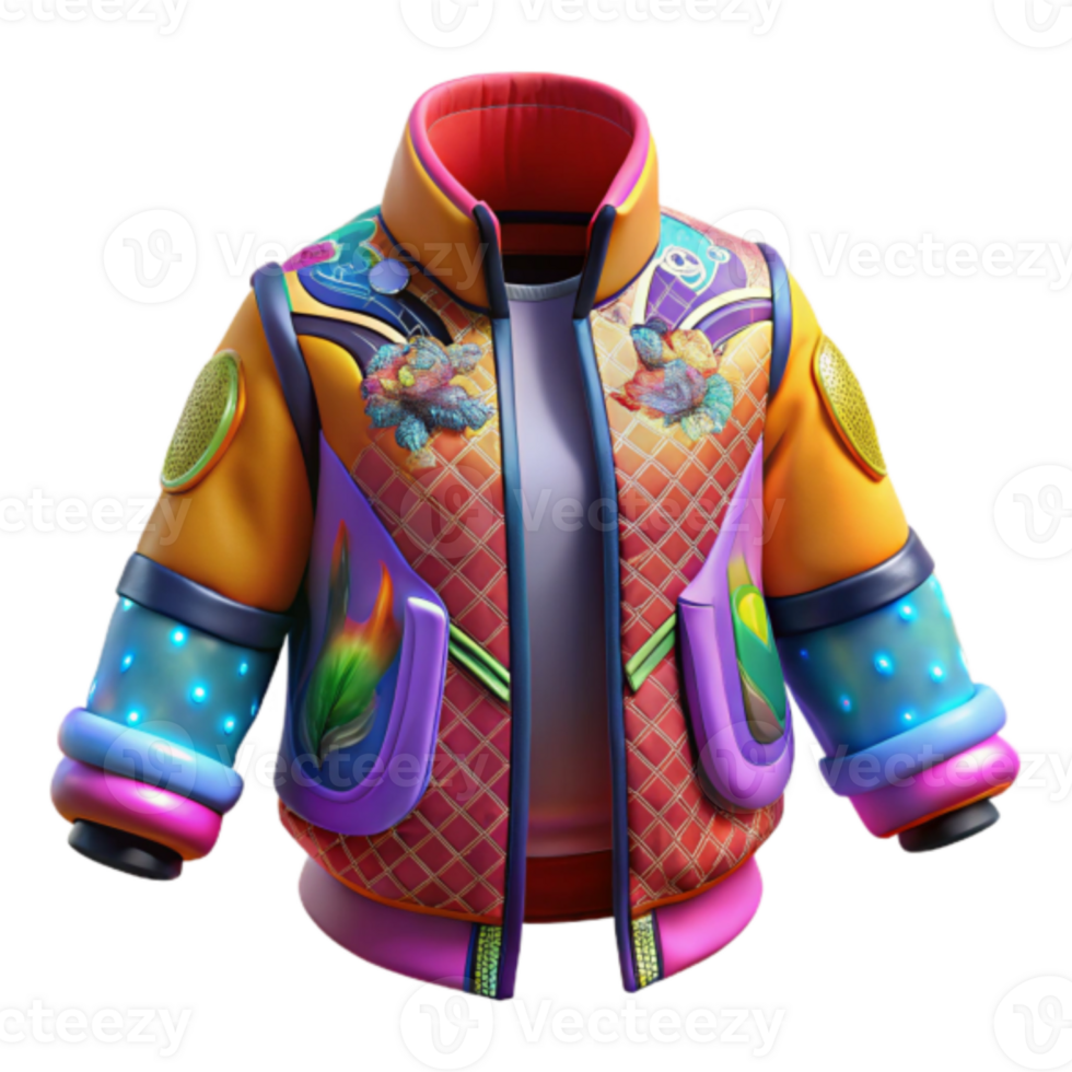 Vibrant Render of a Colorful Jacket with Floral and Geometric Patterns png