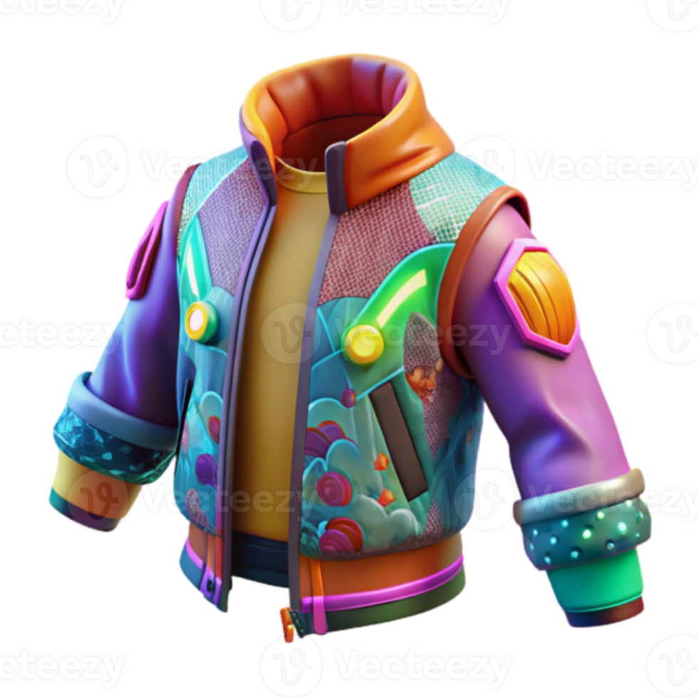 Vibrant Render of a Futuristic Jacket Neon Colors and Abstract Aquatic Design png