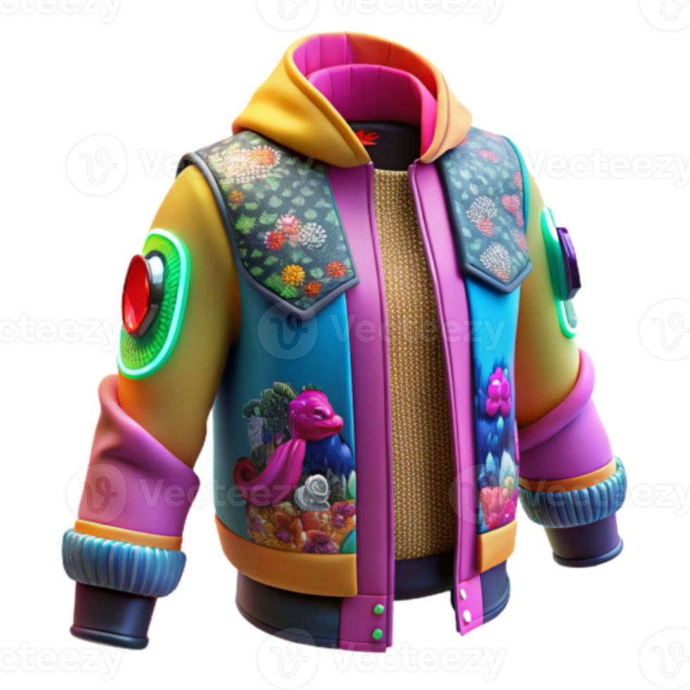 Vibrant Render of a Hooded Jacket with Floral and Fantasy Designs png