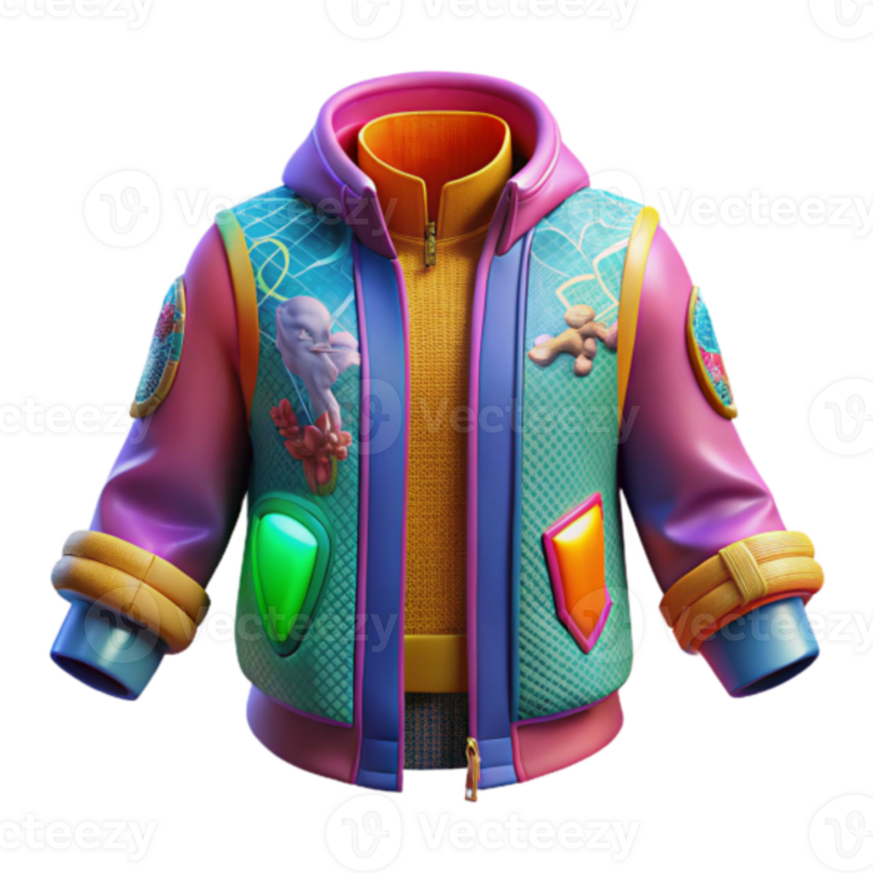 Vibrant Render of a Colorful Hooded Jacket with Unique Patches png