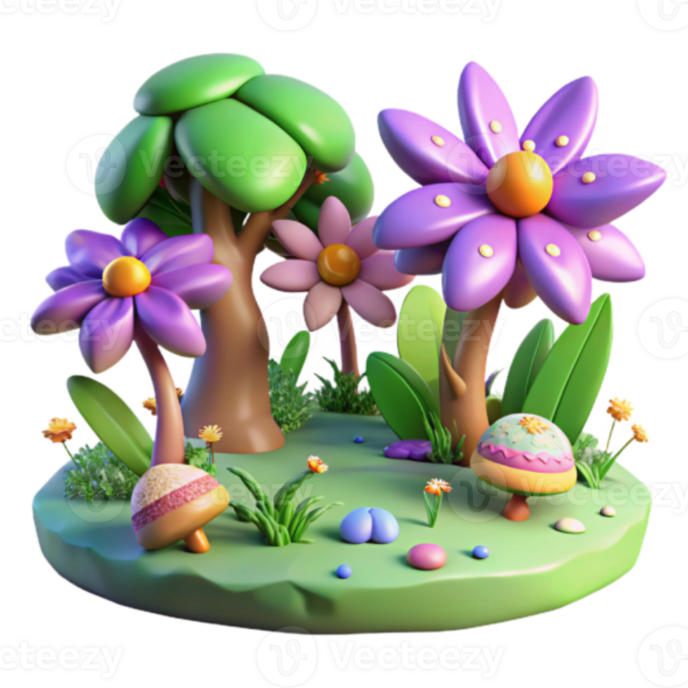 Enchanted Render of a Whimsical Garden with Cartoon Flowers and Trees png