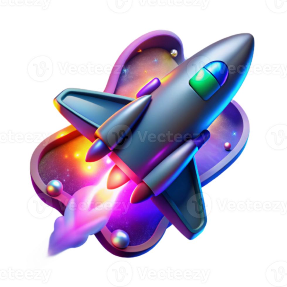 Cosmic Rocket Ship Illustration A vibrant, stylized spaceship blasting off into a nebula png