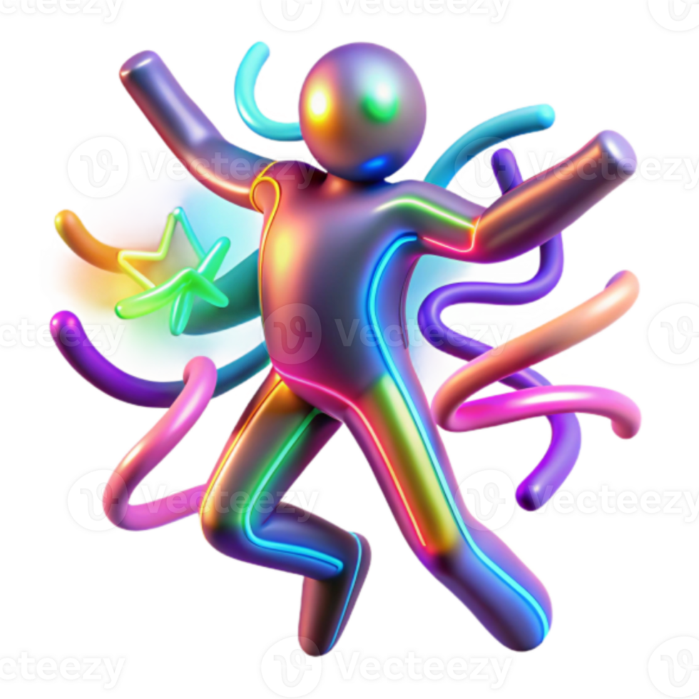Vibrant Render of a Joyful Figure Leaping with Neon Lines and a Star png