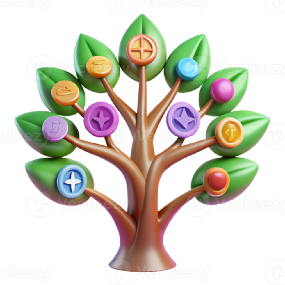 Colorful Render of a Symbolic Tree with Abstract Icons on Leaves png