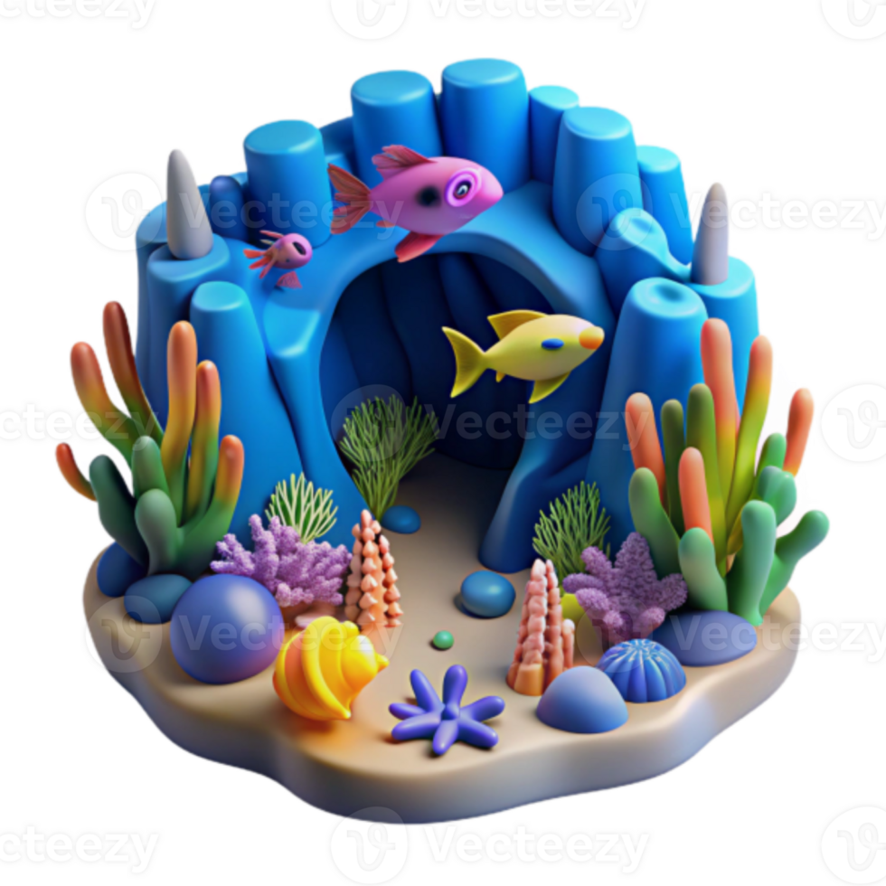 Vibrant Illustration of an Underwater Cave Scene with Colorful Fish and Coral png