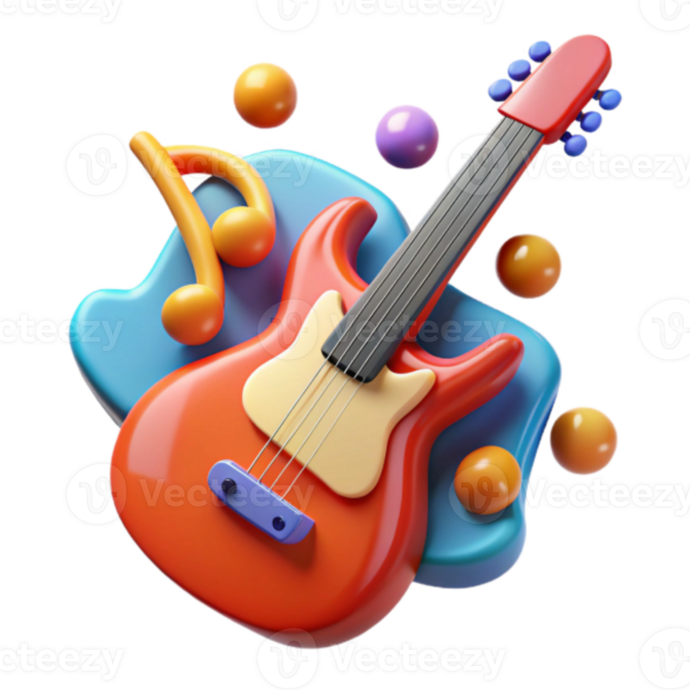 Vibrant Render of an Electric Guitar with Musical Notes png