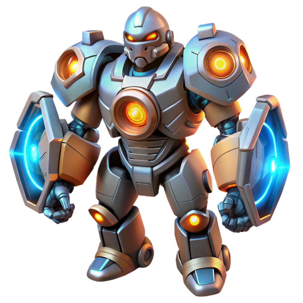 Powerful Armored Robot with Shields in a Futuristic Three Dimensional Render of Defense png