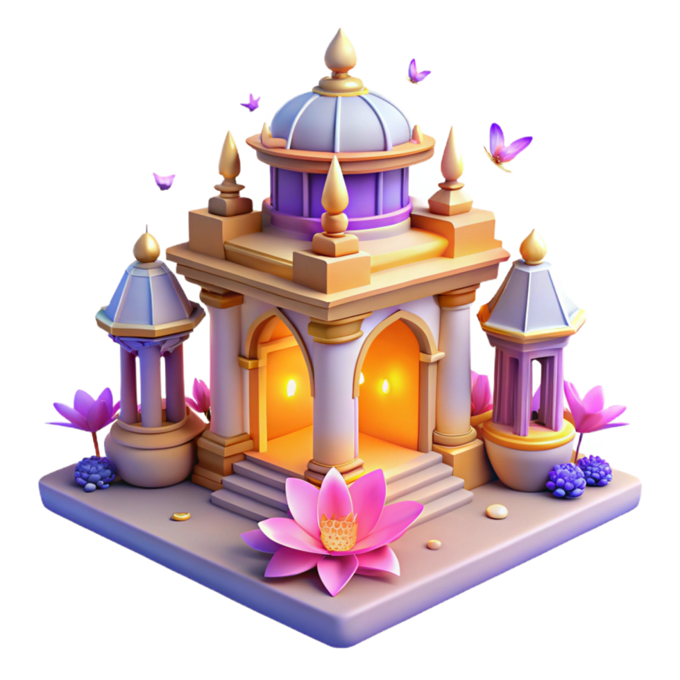 Enchanted Temple 3D Render A serene depiction of a temple crafted in a stunning three-dimensional render, capturing the essence of enchantment. png