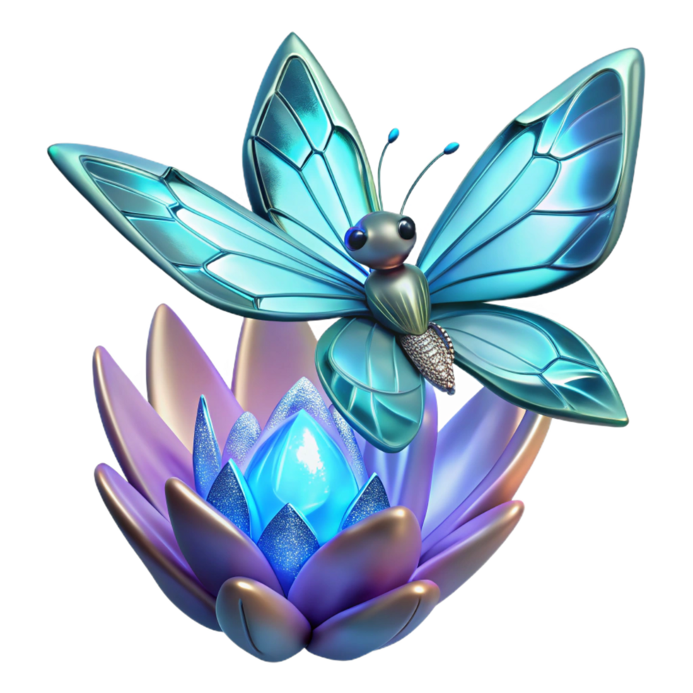 Blue Butterfly on Lotus Flower A serene depiction of a butterfly navigating a world of lotus flowers, captured in a stunning three-dimensional render. png