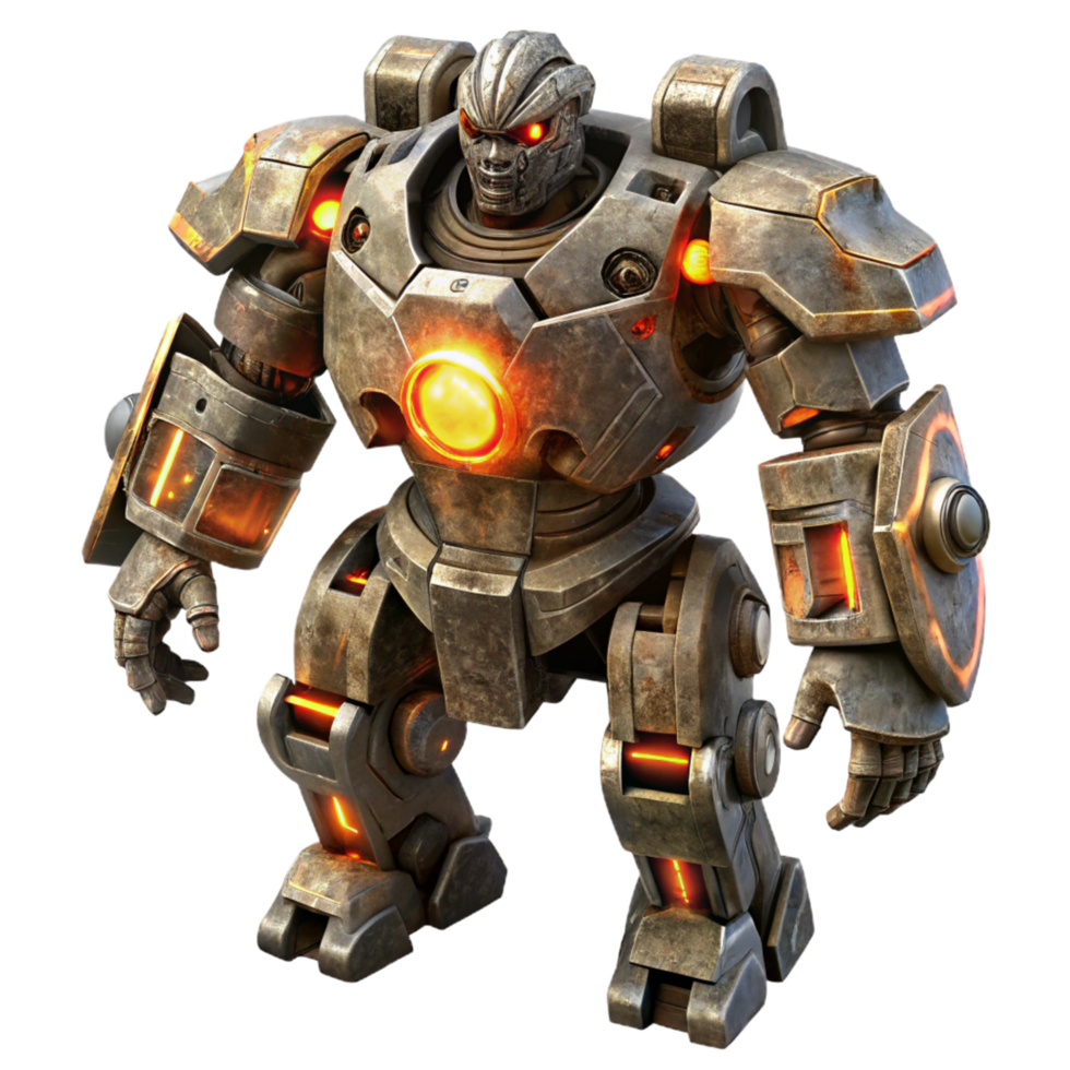 Rusty Robot Armored Combat Unit in a Futuristic Three Dimensional Scene of Design png