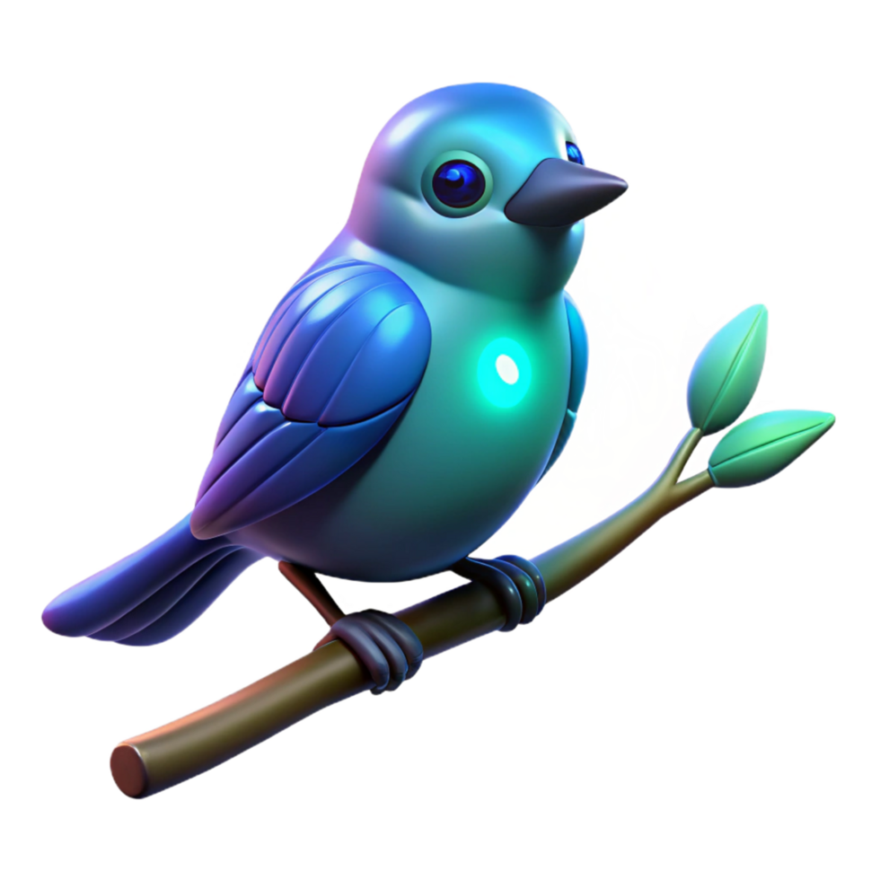 Glowing Blue Bird on Branch A radiant bird perched on a branch, its feathers glowing with vibrant blue colors in a digital world. png