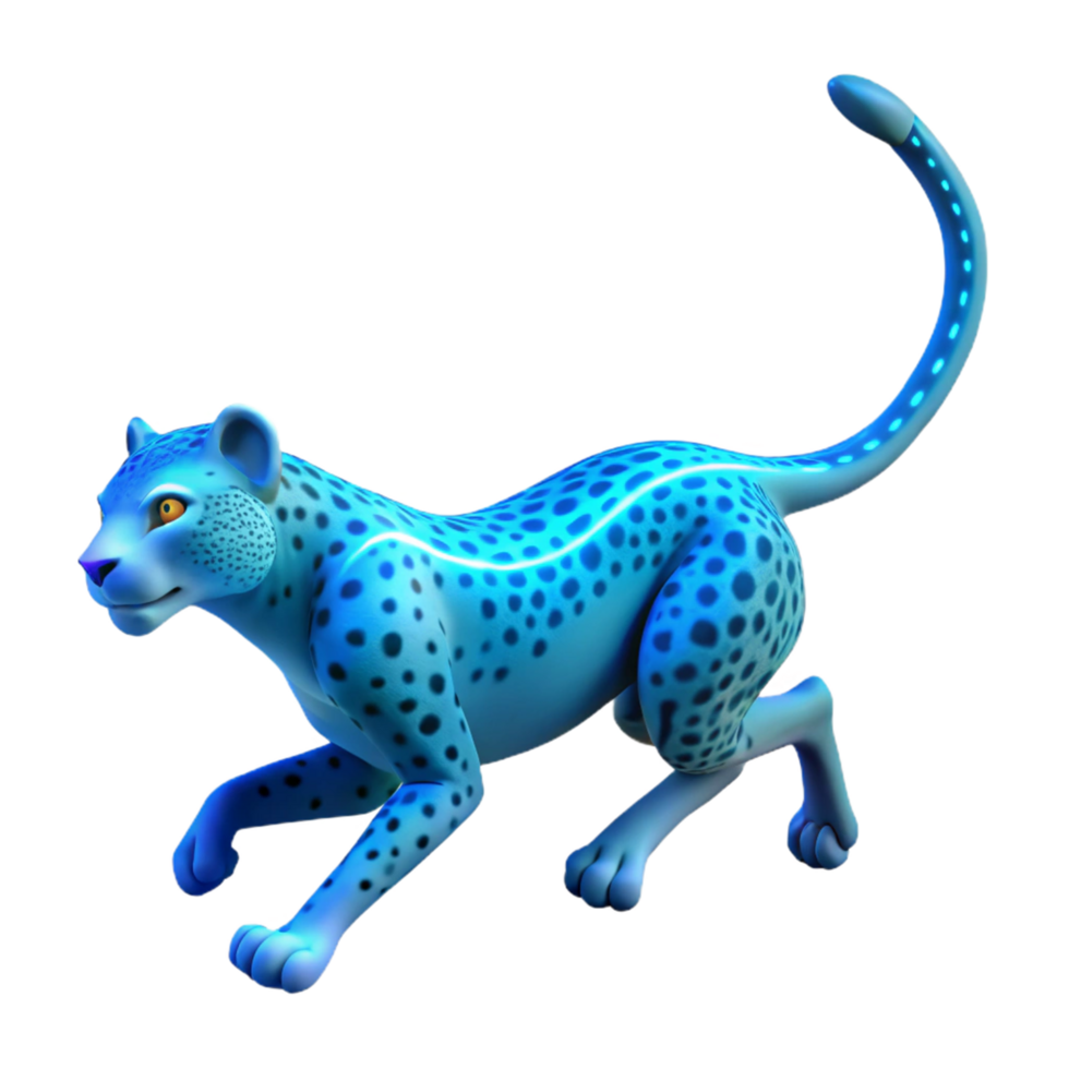 Blue Cheetah 3D Render A vibrant 3D depiction of a blue cheetah, highlighting its dynamic and radiant presence. png