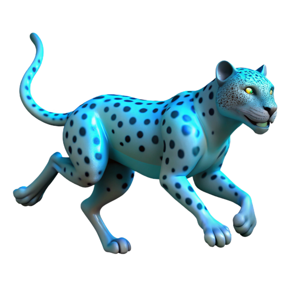 Blue Spotted Cat Running A dynamic 3D depiction of a blue spotted cat in motion, capturing its speed and grace. png