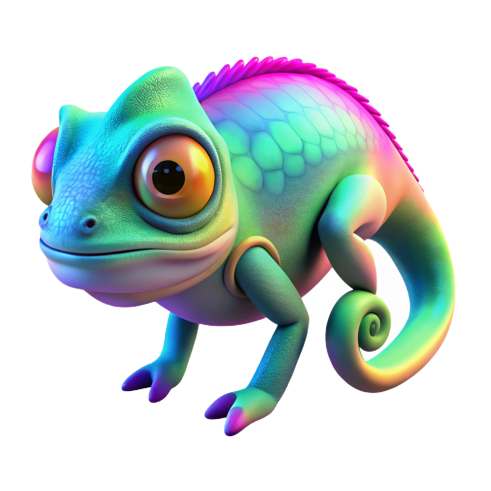 Rainbow Chameleon 3D Cartoon - A vibrant depiction of a chameleon with rainbow colors in a cartoon style highlighting its dynamic and eye-catching appearance png