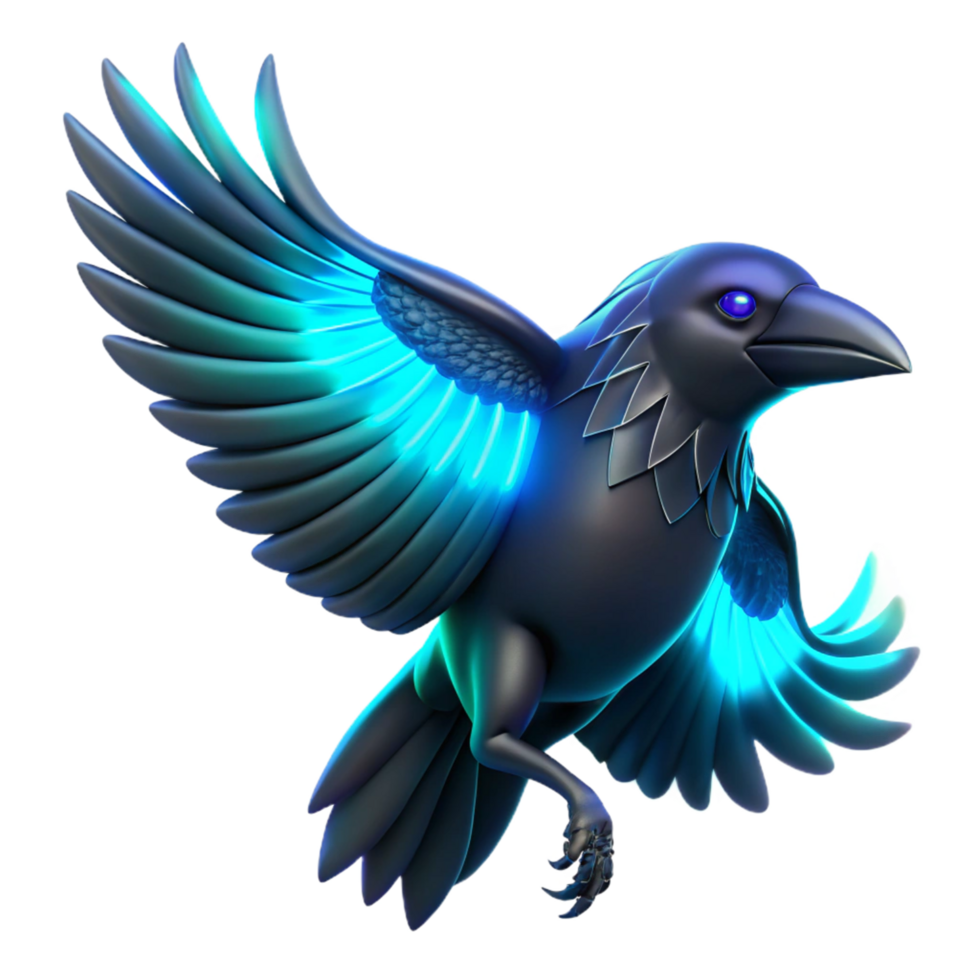 Glowing Raven 3D Render A radiant raven navigating the digital sky, its feathers glowing with vibrant colors in a stunning render. png