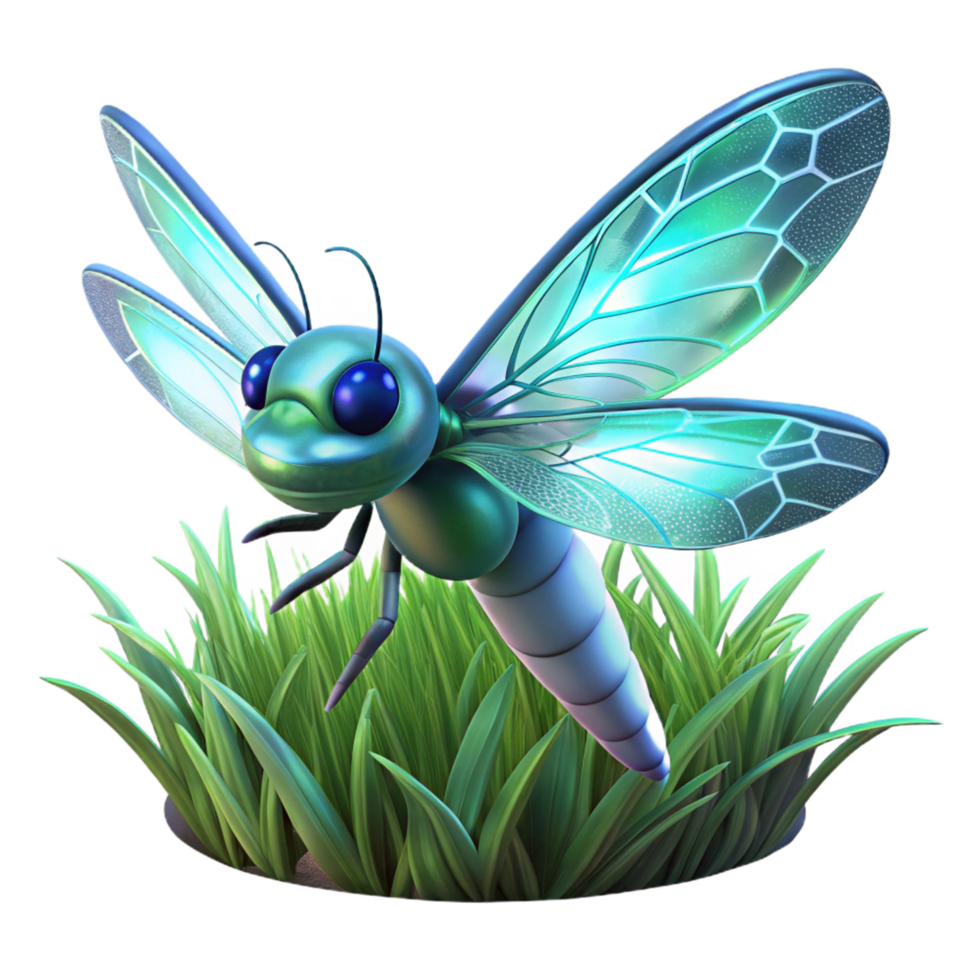 Dragonfly in Grass 3D Render A serene depiction of a dragonfly navigating a field of grass, captured in a stunning three-dimensional render. png