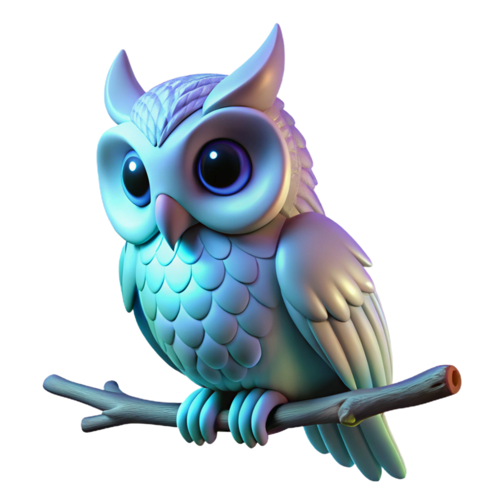 Cute 3D Owl on Branch An adorable owl perched on a branch, captured in a whimsical three-dimensional render. png