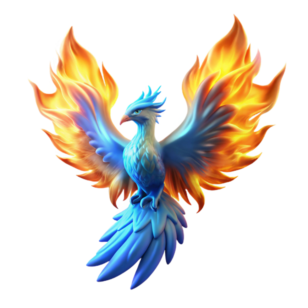 Fiery Phoenix Mythical Bird Art A majestic phoenix navigating the digital sky, its feathers glowing with vibrant colors in a stunning render. png