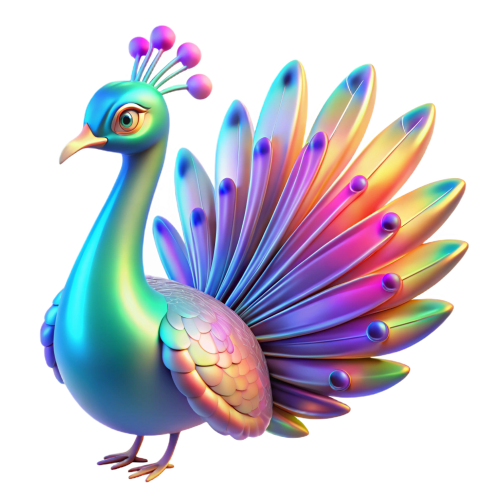 Rainbow Peacock 3D Render - A vibrant 3D render of a peacock with rainbow colors highlighting its dynamic and eye-catching appearance png
