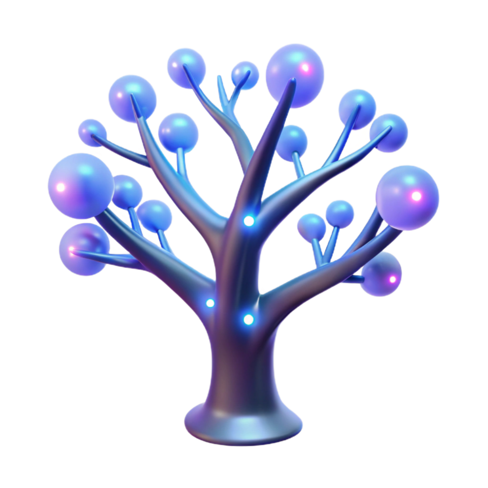 Glowing Tree Abstract 3D Render A radiant tree navigating the digital forest, its surface glowing with vibrant colors in a stunning render. png