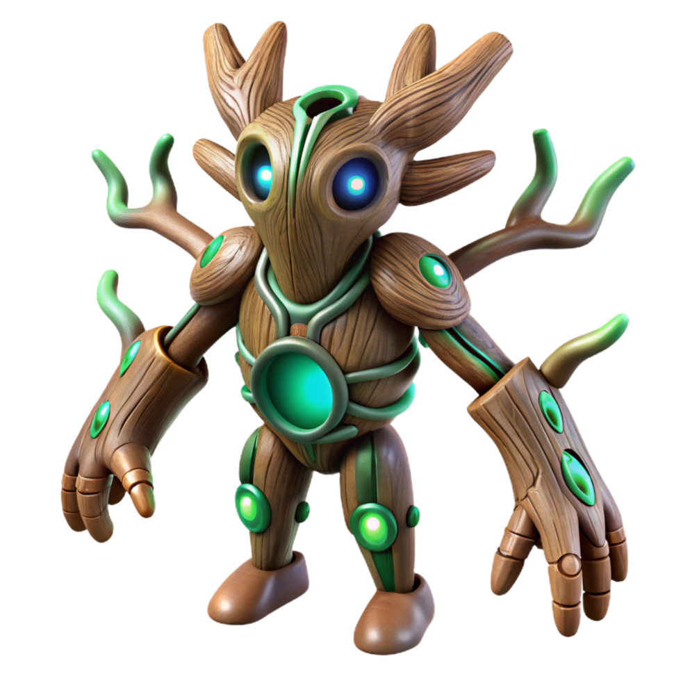 Wooden Robot with Glowing Lights A charming wooden robot adorned with glowing lights, navigating a digital world with whimsy. png