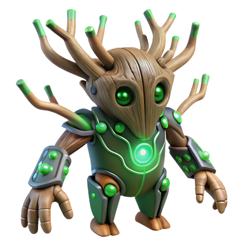 Wooden Robot with Green Accents A charming wooden robot adorned with green accents, navigating the digital world with whimsy. png