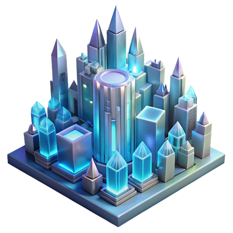 Futuristic Cityscape Digital Metropolis A futuristic 3D render of a cityscape, capturing the essence of advanced urban design and modern aesthetics. png
