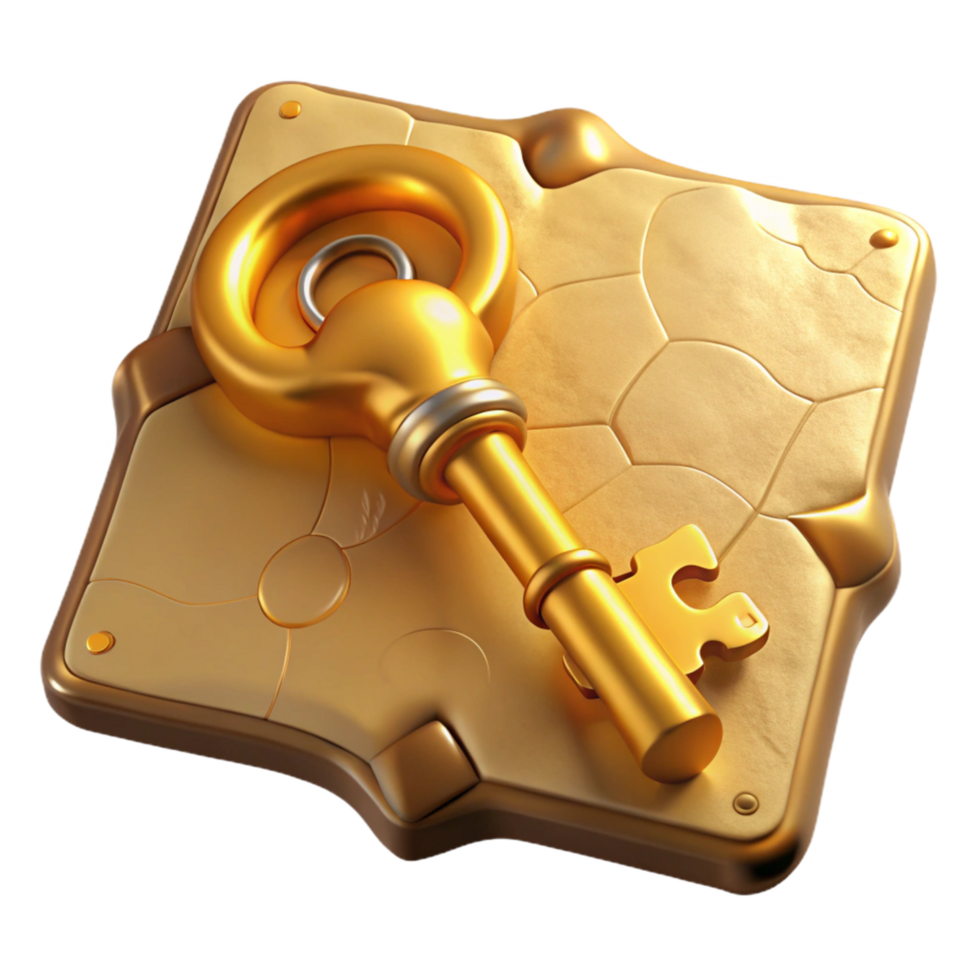 Golden Key to Puzzle Access A luxurious 3D depiction of a golden key, highlighting its elegant design and shimmering presence. png