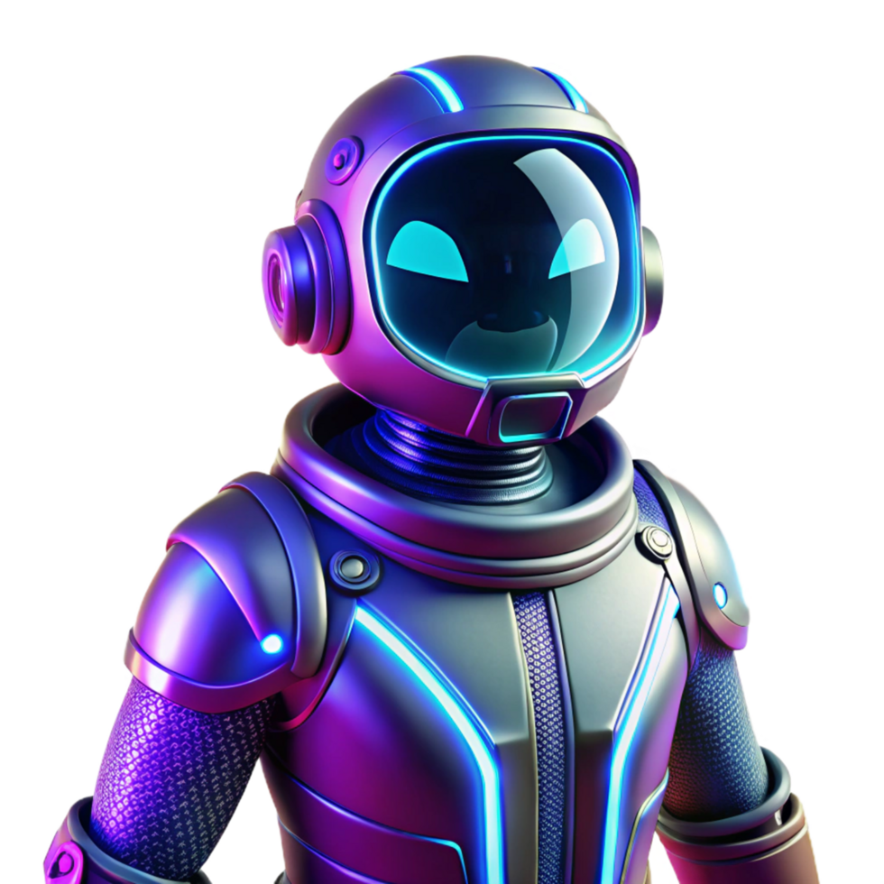 Neon Space Robot 3D Render - A vibrant 3D render of a space robot illuminated with neon colors highlighting its futuristic design and advanced features png