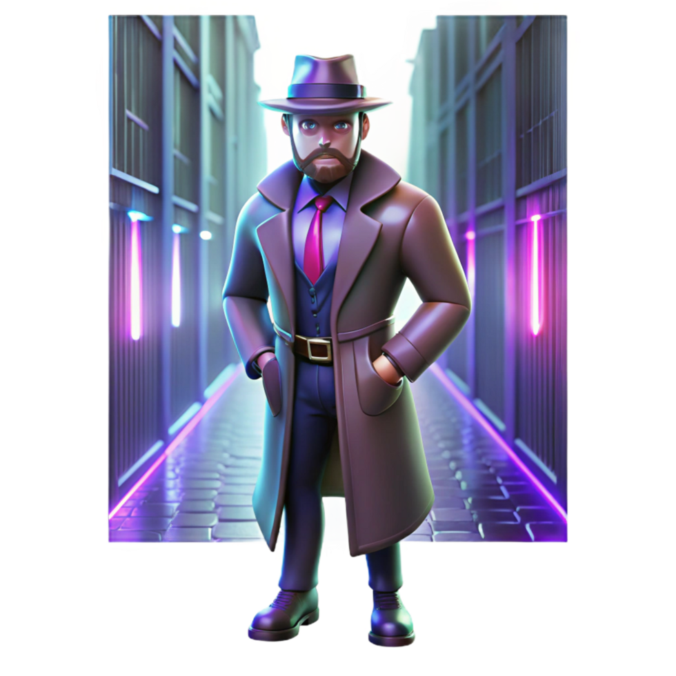 Mystery Night Detective in Neon City A dynamic depiction of a detective navigating a neon city, capturing the essence of mystery in a digital world. png
