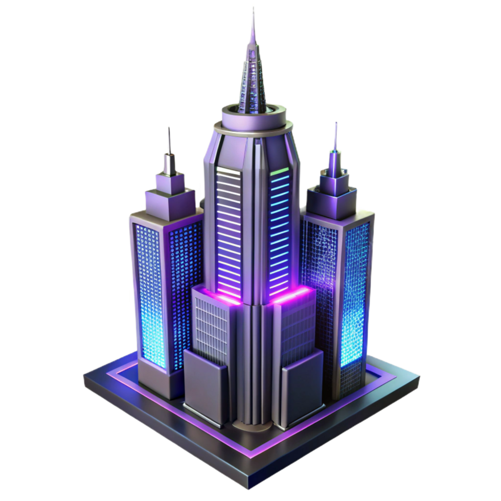 Futuristic Cityscape Neon Towers A futuristic 3D render of a cityscape with neon towers, highlighting its advanced architecture and urban aesthetics. png