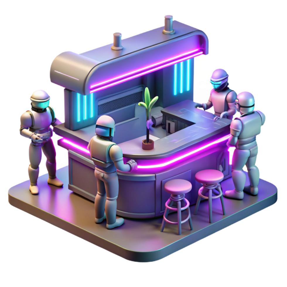 Neon Bar Robots in a Futuristic Three Dimensional Scene of Innovation png