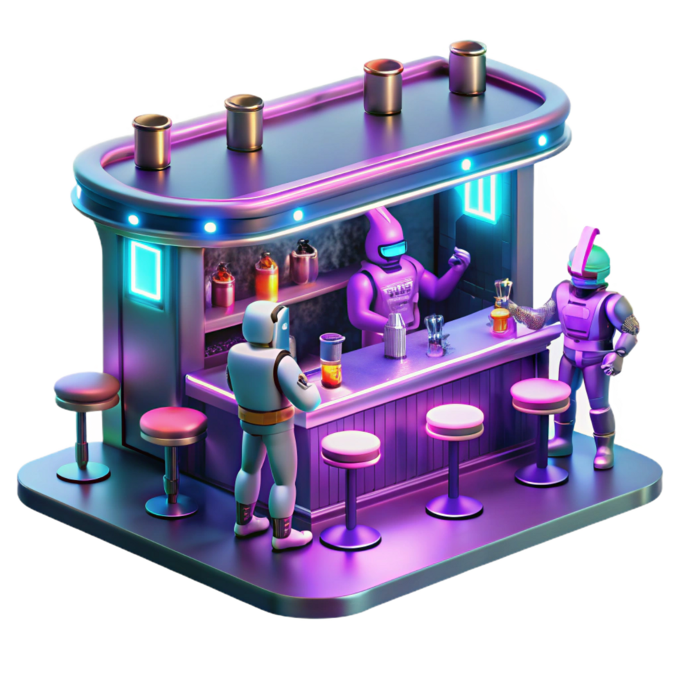 Neon Robot Bar Cyberpunk Scene - A vibrant depiction of a robot bar in a cyberpunk scene capturing the essence of advanced technology and urban nightlife png