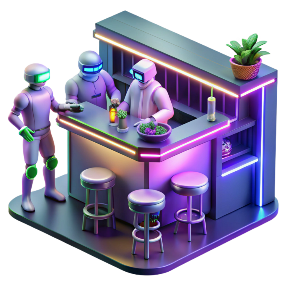 Robots at Neon Bar A whimsical 3D render of robots at a neon bar, capturing the essence of futuristic nightlife and playful design. png