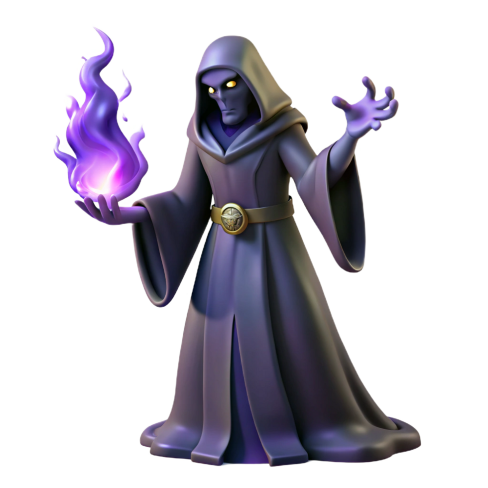 Dark Sorcerer with Purple Flame A magical scene of a sorcerer navigating a world of purple flames, capturing the essence of enchantment in a digital world. png