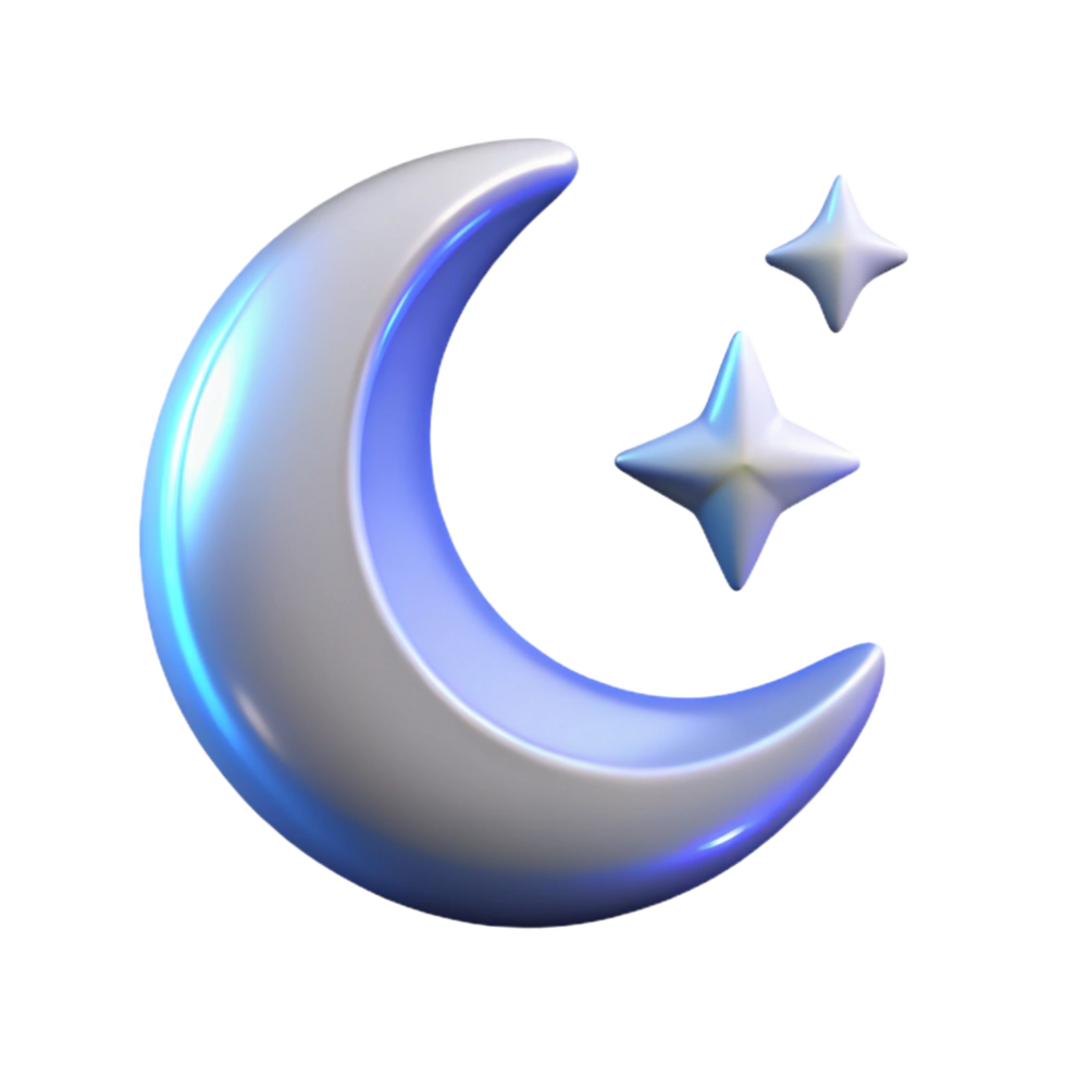 Crescent Moon and Stars Night Icon A serene 3D depiction of a crescent moon and stars, creating a tranquil night scene. png