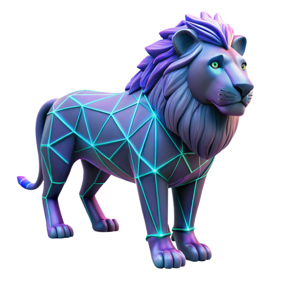 Neon Lion 3D Model A vibrant depiction of a lion glowing with neon colors, captured in a stunning three-dimensional model. png