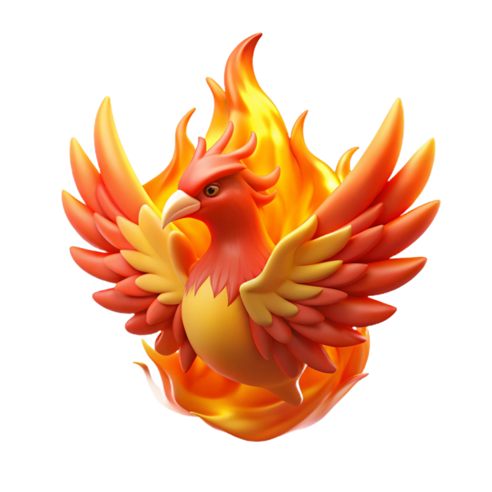 Fiery Phoenix Bird in Flames A majestic phoenix navigating a world of flames, its feathers glowing with vibrant colors in a digital world. png