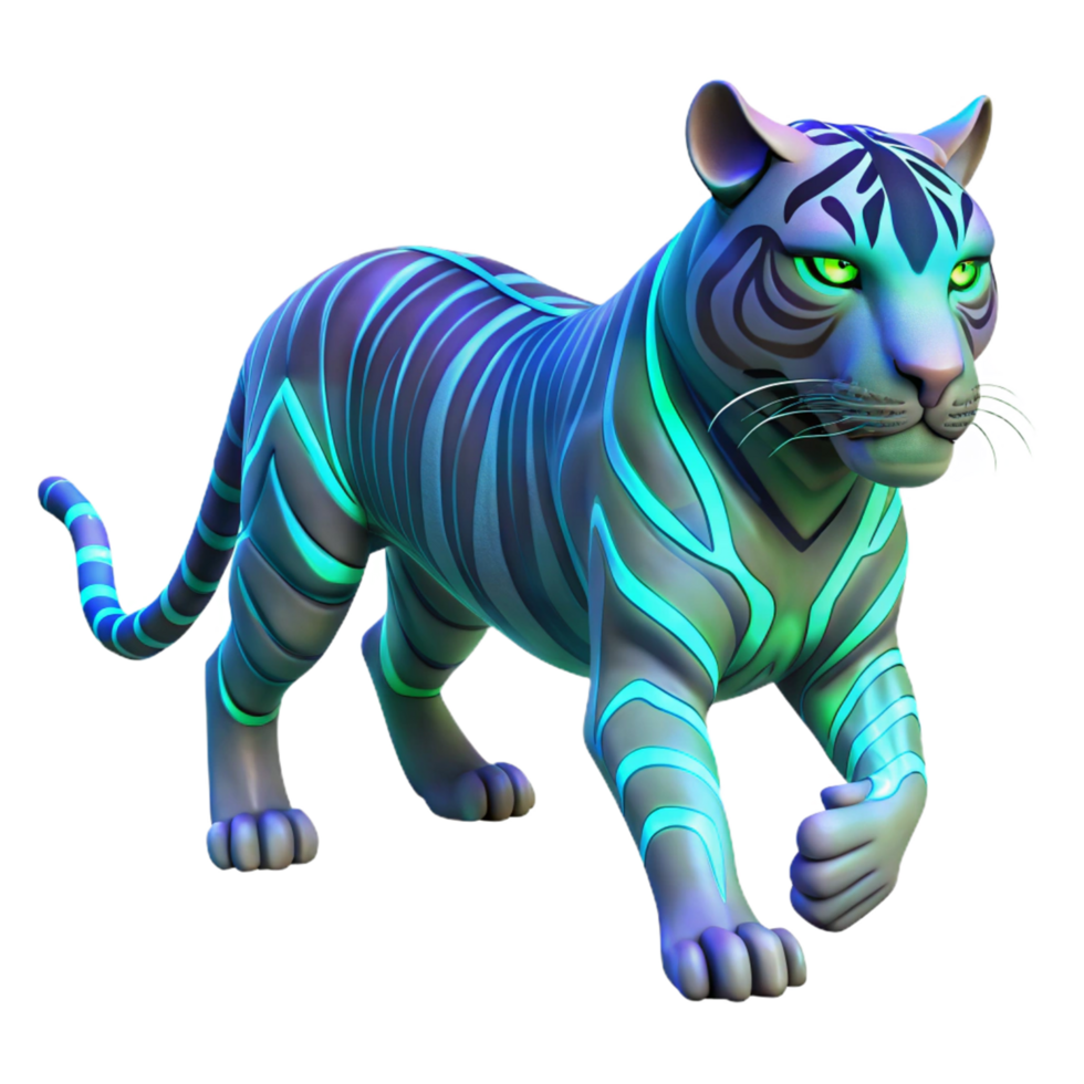 Neon Tiger 3D Render - A vibrant 3D render of a tiger illuminated with neon colors highlighting its dynamic and modern aesthetic png