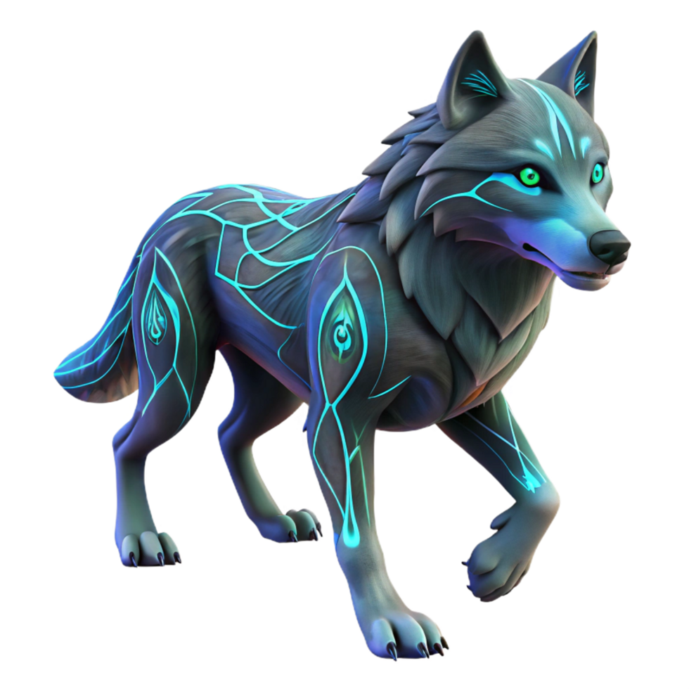 Glowing Wolf 3D Render A luminous 3D depiction of a wolf, highlighting its glowing features and enchanting presence. png