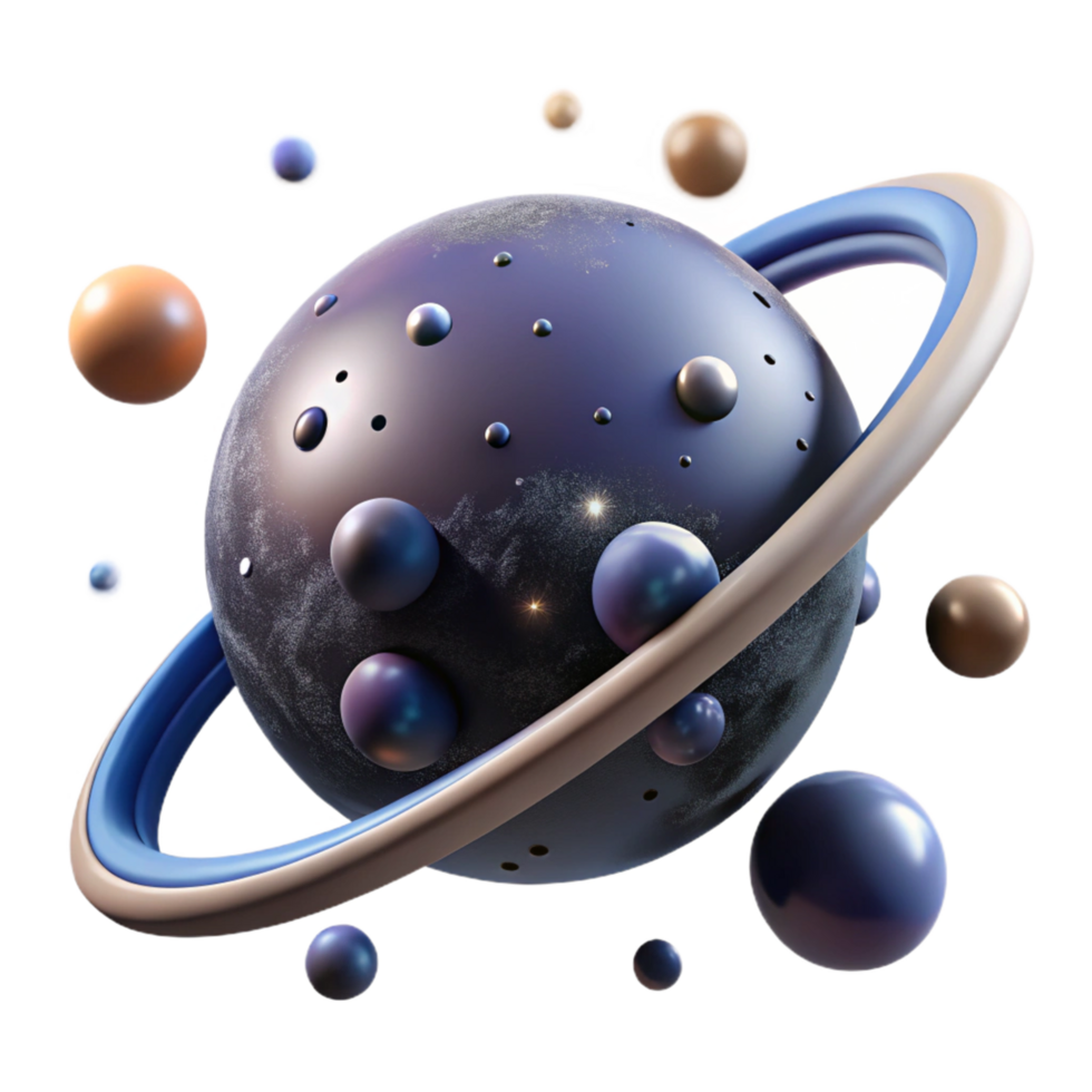Cosmic Sphere with Ring System A conceptual 3D depiction of a cosmic sphere with a ring system, focusing on vibrant colors and dynamic design. png