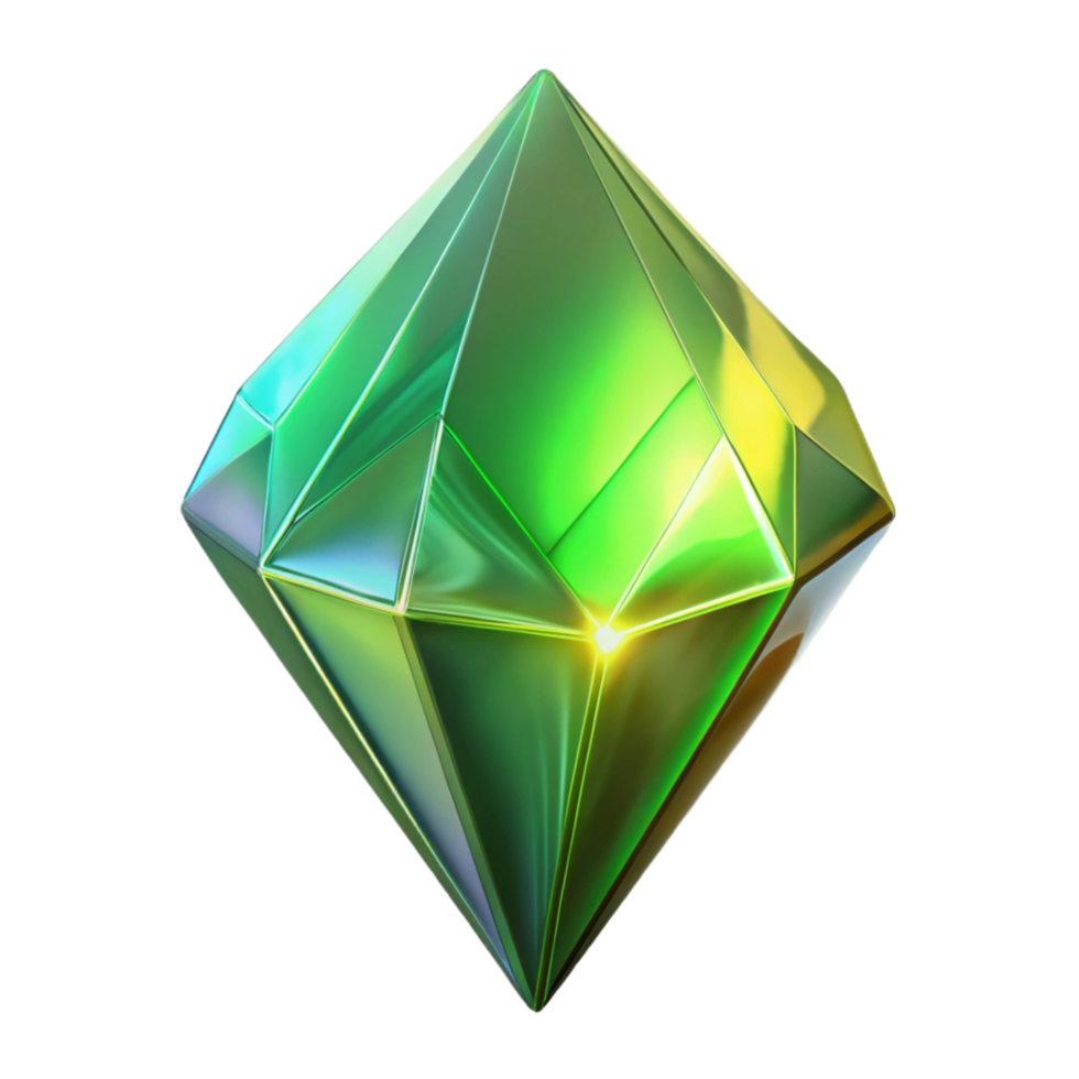 Luminous Green Gem 3D Render A stunning 3D depiction of a luminous green gem, highlighting its glowing features and enchanting presence. png