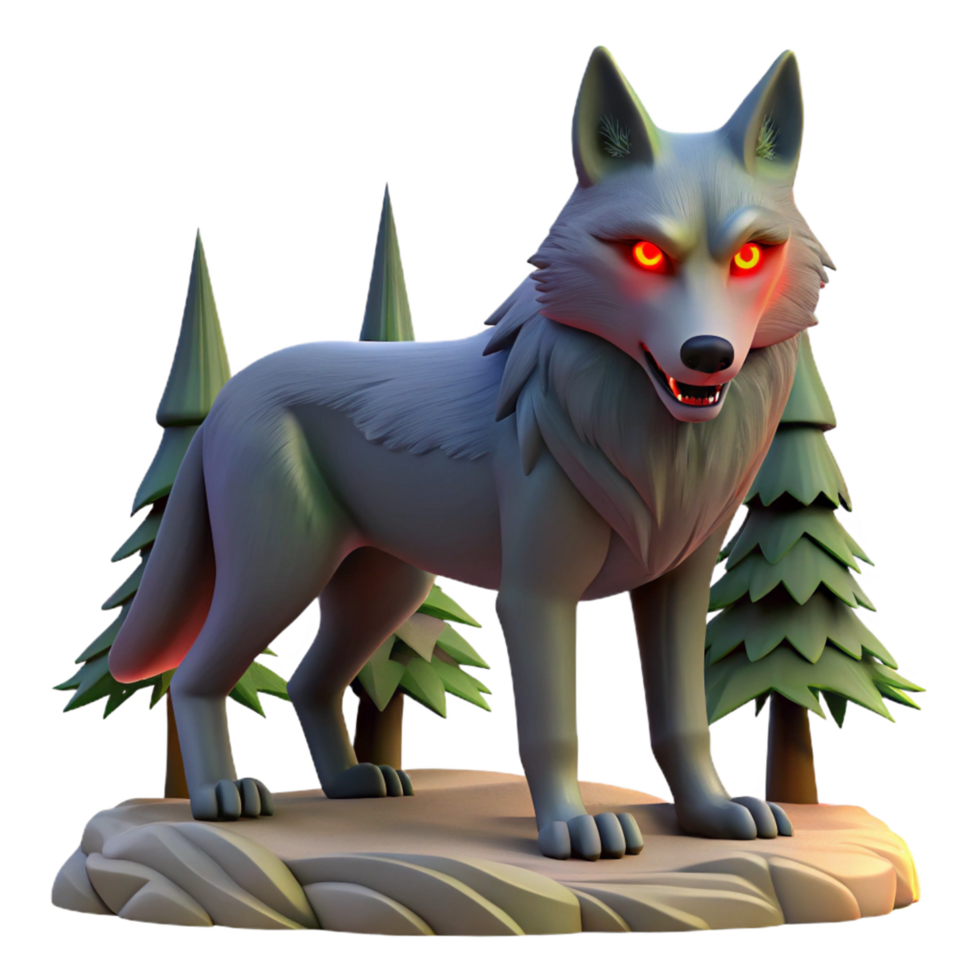 3D Wolf Model Glowing Eyes, Forest Scene A dynamic depiction of a wolf navigating a forest, its eyes glowing with vibrant colors in a digital world. png