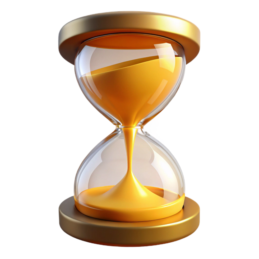 Golden Hourglass Time Measurement A radiant hourglass navigating a world of time, its surface glowing with golden hues in a digital world. png