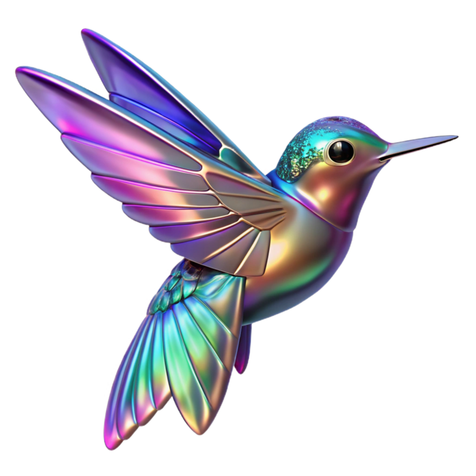 Iridescent Hummingbird 3D Render A stunning 3D depiction of a hummingbird with iridescent features, showcasing a spectrum of colors and ethereal beauty. png