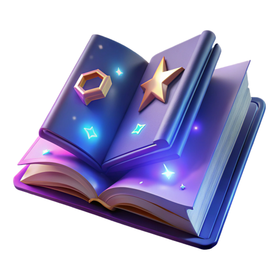 Magic Book Stars, Hexagons Glow A magical scene of a book navigating a world of stars and hexagons, its surface glowing with vibrant colors in a digital world. png